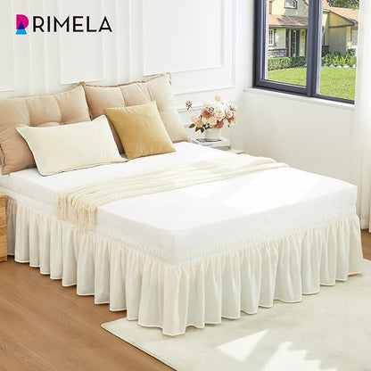 RIMELA Queen Bed Skirt 14 Inch Drop Cream, Wrap Around Elastic Bed Skirts Queen Size Dust Ruffle, Bedskirt for Adjustable Bed Base Solid Silky Fabric Machine Washable Easy to Install