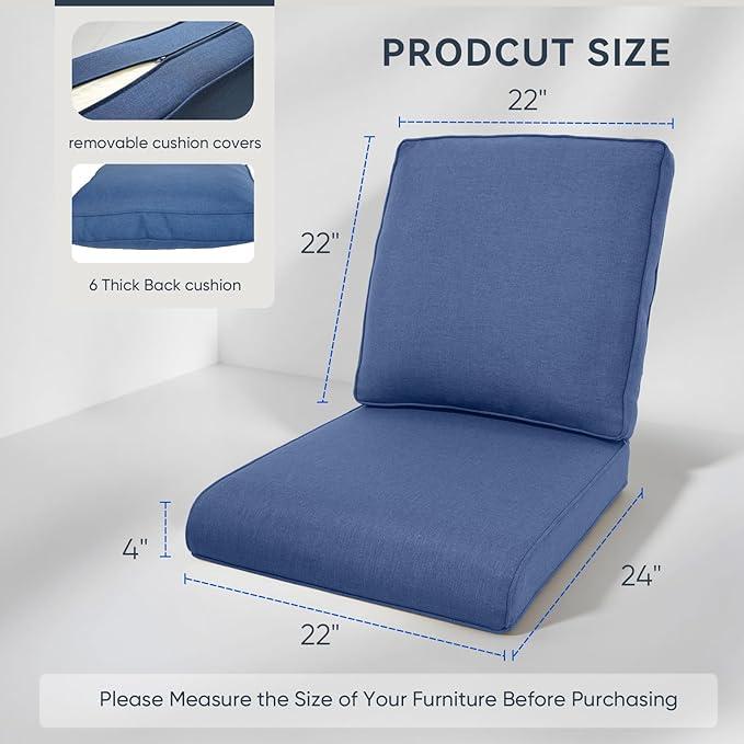 Patio Chair Cushions 4 Packs - Outside High Back Thick Water-Resistant Cushion 22x24 with Zipper Cover for Outdoor Glider Rocking Chairs Loveseat Couch – Blue/Regular