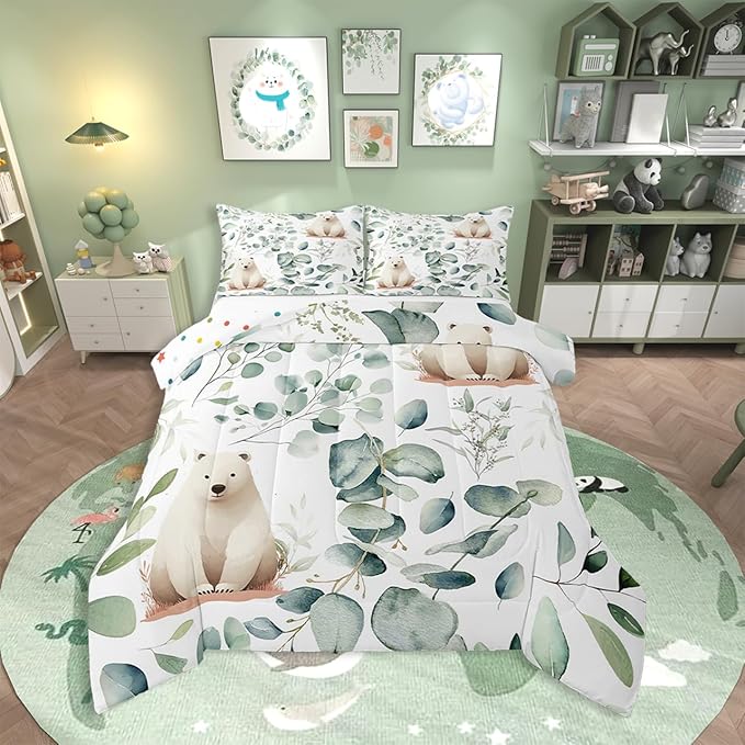 Erosebridal Boys Cartoon Animal Queen Comforter Set for Kids Toddler Kawaii Polar Bear Bedding Set Queen, Arctic Wildlife Bedding Comforter Sets White Green Duvet Set, Eucalyptus Quilted Comforter