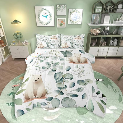 Erosebridal Boys Cartoon Animal King Bedding Sets for Kids Toddler Kawaii Polar Bear Comforter Set, Arctic Wildlife Duvet Insert White Green Down Comforter, Botanical Eucalyptus Bedding Comforter Sets