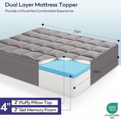 OLANLY Dual-Layer 4 Inch Twin Size Memory Foam Mattress Topper for Back Pain, 2 Inch Cooling Pillow Top Mattress Pad Cover and 2 Inch Gel Memory Foam Topper, Deep Elastic Pocket, Light Grey
