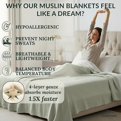 Cloud Scape Linen 4 Layer Oversized Muslin Blanket King Size - 100% Cotton, Lightweight & Breathable All Season Blanket for Bed, fits California King, 92x108, Seafoam Green