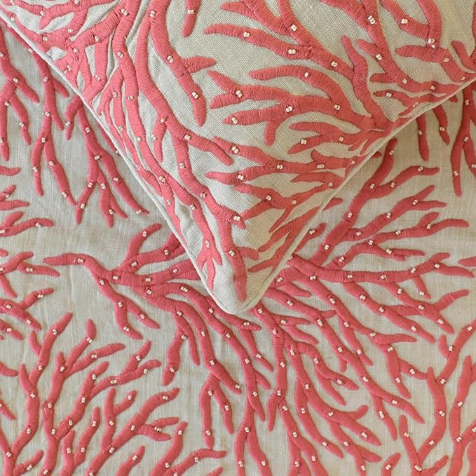 The HomeCentric King/Queen/Twin Coral, Peach & Pink Designer Full 68"x18" Bed Runner with Pillow Cover, Coral Embroidery, Pearl, Under The Sea & Beach Theme on Linen Fabric - Coraline Pearls