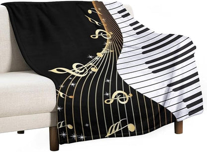 Music Note Blanket Black White Piano Keys Gold Music Note Soft Cozy Lightweight Throw Blanket for Kids Girls Boys Bedroom Living Room Dorm Chair Sofa Travel 70x80in
