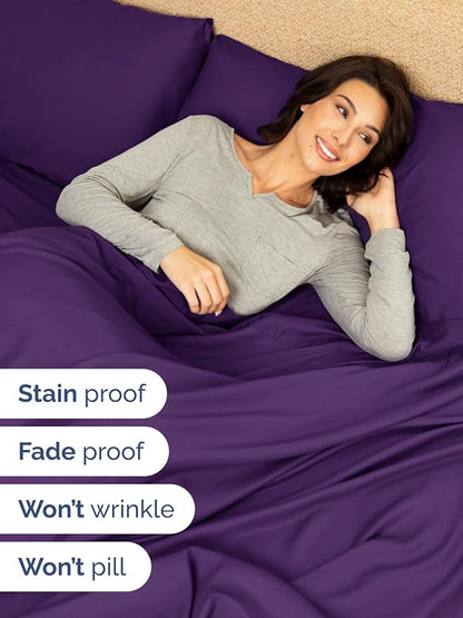 Extra Deep Pocket Split King Sheets - 5 Piece Breathable & Cooling Bed Sheets - Hotel Luxury Bed Sheet Set - Soft, Wrinkle Free & Comfy - Easily Fits Extra Deep Mattresses - Deep Pocket Purple Sheets