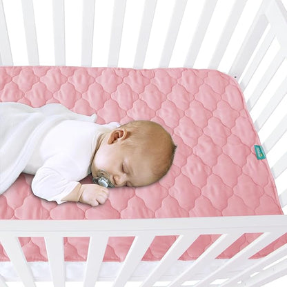 Waterproof Crib Mattress Protector Pad Cover 28" x 52", Anti Slip & Absorbent Waterproof Bed Pads for Standard Crib/Toddler Bed Quilted Machine Washable (Quilted Improved Thickness) Pink