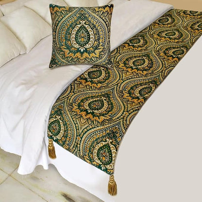 The HomeCentric King/Queen/Twin Green Designer Twin 53"x18" Bed Runner Without Pillow Cover, Damask, Tassels & Tapestry Bed Scarf on Jacquard Fabric - Damask Tapestry