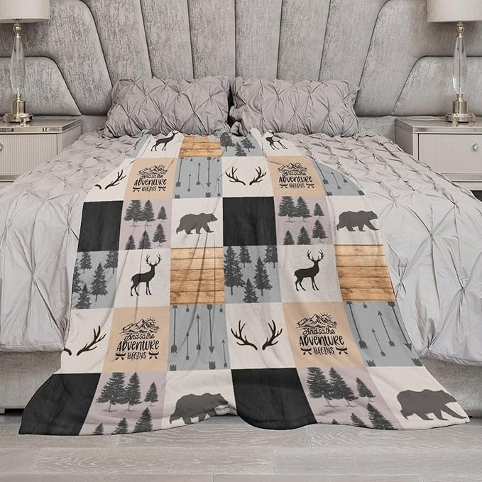 Rustic Cabin Throw Blanket, Retro Camping Bear Deer Farmhouse Wildlife Tree Forest Brown Gray Print Warm Flannel Blanket for Bedroom Camping Travel, 30"x40"