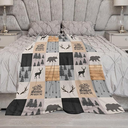 Rustic Cabin Throw Blanket, Retro Camping Bear Deer Farmhouse Wildlife Tree Forest Brown Gray Print Warm Flannel Blanket for Bedroom Camping Travel, 30"x40"