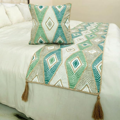 The HomeCentric King/Queen/Twin Green Designer King 90"x18" Bed Runner Without Pillow Cover, Aztec, Jute Embroidery, Quilted, Tassels, Jute, Moroccan & Tribal Bed Scarf Cotton Fabric - Chantico