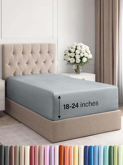 Extra Deep Twin XL Fitted Sheet - Hotel Luxury Single Fitted Sheet Only - Easily Fits 18 inch to 24 inch Mattress - Ultra Soft, Wrinkle Free w/Extra Deep Pockets - Breathable & Comfy - Heathered Blue