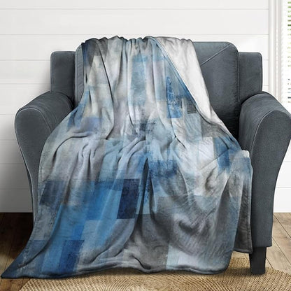 Fashion Gradient Blanket, Modern Art Abstract Blue Grey Check Painting Strokes Pattern Soft Warm Cozy Plush Flannel Covers for Livingroom Bedroom Couch Chair Camping Travel Home Decor Tapestry 50x60in