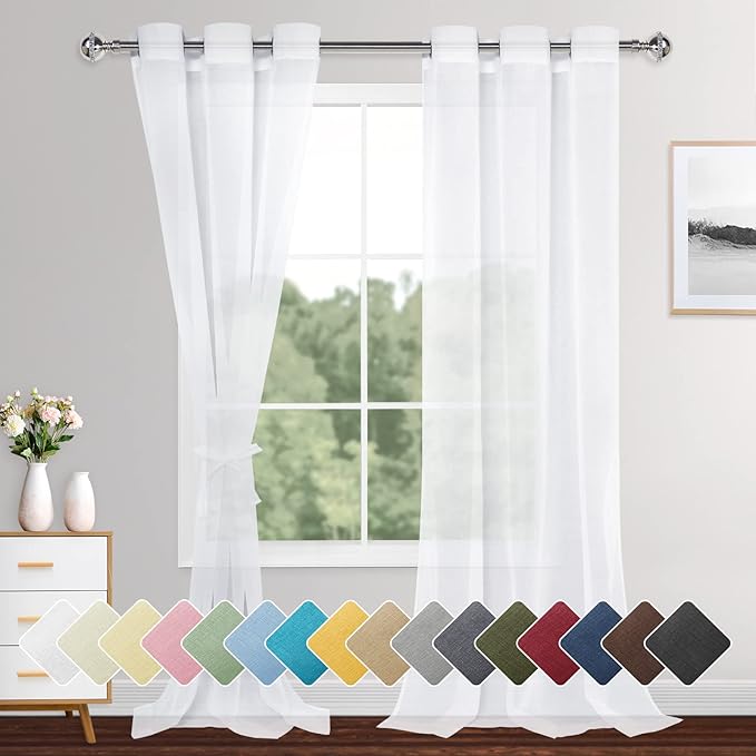 XWZO White Sheer Curtains for Bedroom, Light Filtering, Gauzy & Breathable Solid Voile Grommet Window Curtains for Living Room, Farmhouse, Nursery with Tiebacks, Set of 2 Panels, 46 x 95 Inches Long