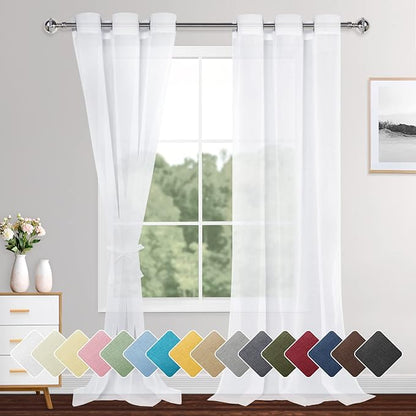XWZO White Sheer Curtains for Bedroom, Light Filtering, Gauzy & Breathable Solid Voile Grommet Window Curtains for Living Room, Farmhouse, Nursery with Tiebacks, Set of 2 Panels, 46 x 95 Inches Long