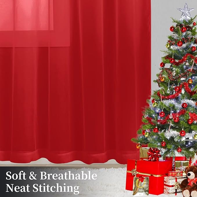 Sheer Curtains 54 Inches Long 2 Panels, Rod Pocket Short Curtain for Kitchen, Bedroom, Cafe Window(Christmas Red 38" W x 54" L)