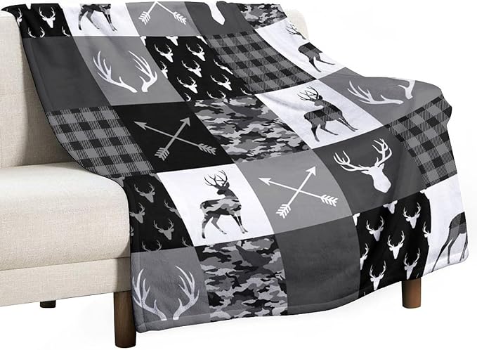 Rustic Cabin Throw Blanket, Farmhouse Grey Camouflage Deer Vintage Country Hunting Wildlife Blanket Throw for Bed Camping Travel Living Room Bedroom, 60"x80"