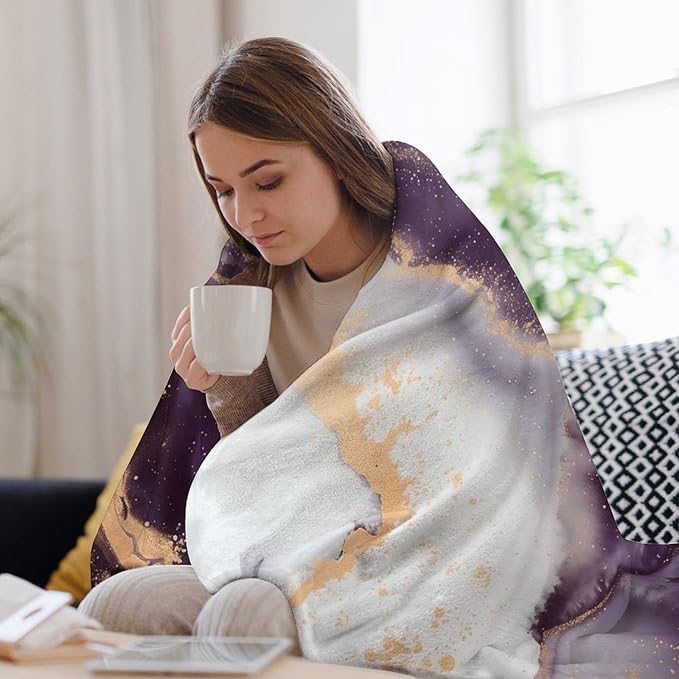 Modern Marble Blanket, Abstract Luxury Baroque Golden Purple White Stone Veins Pattern Soft Warm Cozy Plush Flannel Covers for Livingroom Bedroom Couch Chair Camping Travel Home Decor Tapestry 40x50in