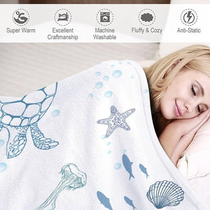 Nautical Turtle Throw Blanket, Coastal Sea Ocean Theme Coral Starfish Seashell Jellyfish Undersea Life Fleece Blanket for Summer Home Bed Sofa Couch Chair, 40"x50"