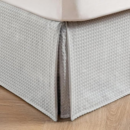 MIYE Pleated Waffle Weave Bed Skirt, Tailored Dust Ruffle 16 Inch Drop Easy Fit, Machine Washable (Light Grey, Full - 16" Drop)