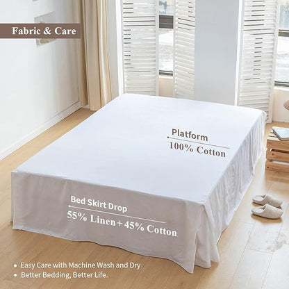 BISELINA French Linen Bed Skirt with Pleated Corner 22-Inch Tailored Drop Natural Flax Cotton Blend Basic Dust Ruffle Soft Cozy Farmhouse Bedding (22" King, Basic White)