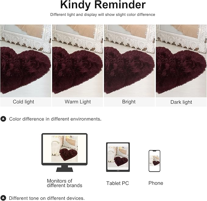 uxcell Heart Shaped Rugs for Bedroom,Small Aesthetic Carpet Girls,Cute Shaggy Floor Mirror Mat,Pastel Furry Throw Rug 2.3ftx3ft, Burgundy