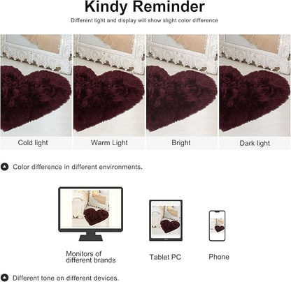 uxcell Heart Shaped Rugs for Bedroom,Small Aesthetic Carpet Girls,Cute Shaggy Floor Mirror Mat,Pastel Furry Throw Rug 2.3ftx3ft, Burgundy
