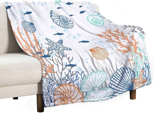 Nautical Coastal Blanket, Starfish Seashell Coral Beach Themed Drapes Ocean Orange Blue Teal Conch Print Throw Blankets for Sofa Couch Bed Room Birthday Decor, 50"x60"