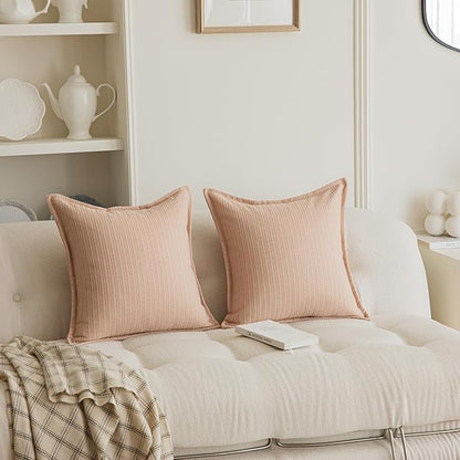Set of 2 Cozy Striped Herringbone Flange Throw Pillow Covers, Aesthetic Embossed Pattern Pillow Covers for Couch and Bed - 18"x18", Melon