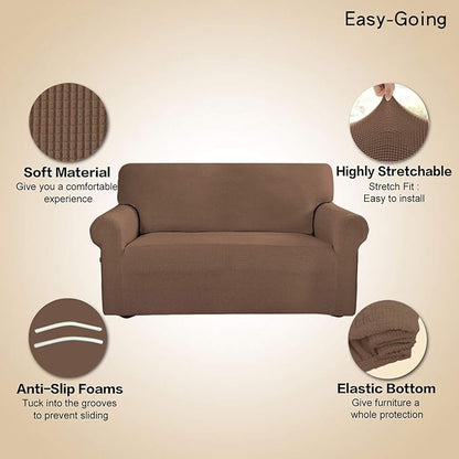 Easy-Going Stretch Sofa Slipcover 1-Piece Sofa Cover Furniture Protector Couch Soft with Elastic Bottom for Kids, Polyester Spandex Jacquard Fabric Small Checks (Sofa, Brown)