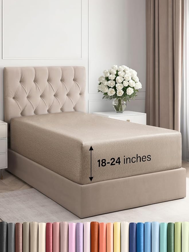 Extra Deep Twin Fitted Sheet - Hotel Luxury Single Fitted Sheet Only - Easily Fits 18 inch to 24 inch Mattress - Ultra Soft, Wrinkle Free w/Extra Deep Pockets - Breathable & Comfy - Heathered Beige