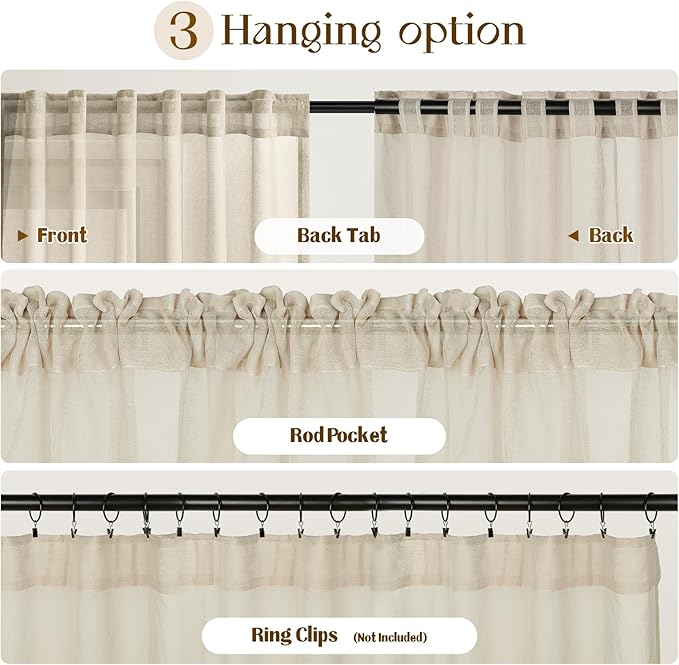Dreaming Casa Taupe Sheer Curtains 102 Inches Long, Rod Pocket & Back Tab Light Filtering Textured Sheers for Living Room Bedroom, 2 Panels, Each 52" W x 102" L