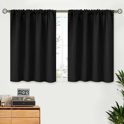 BGment Short Curtains 30 Inches Length for Window - Rod Pocket Room Darkening 42 Inch Width Blackout Drapes for Kitchen Bathroom Basement Cafe, Black, 2 Panels, 42 x 30 Inch