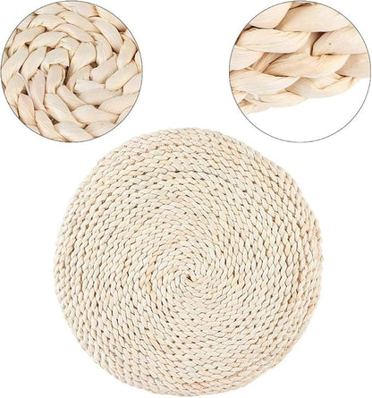Japanese Round Tatami Hand Woven Floor Cushion, Meditation Yoga Mat, Corn Bran Pouf with Silk Floss Filler, Ergonomic for Zen Tea Ceremony, Home Decor, 40x40x6cm