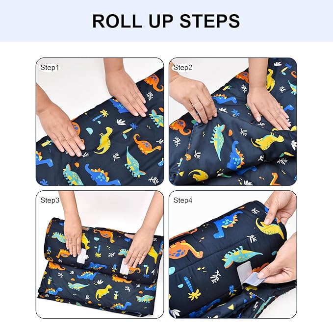 david's kids Toddler Nap Mat with Removable Pillow and Minky Fleece Blanket, Ultra Soft Slumber Bags for Boys, Perfect for Preschool, Daycare, Kids Sleeping Bags with Rollup Design, 50"x20", Dinosaur
