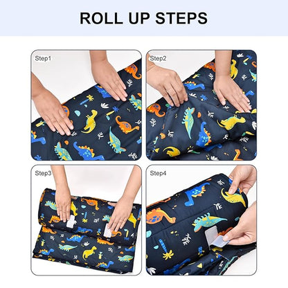 david's kids Toddler Nap Mat with Removable Pillow and Minky Fleece Blanket, Ultra Soft Slumber Bags for Boys, Perfect for Preschool, Daycare, Kids Sleeping Bags with Rollup Design, 50"x20", Dinosaur