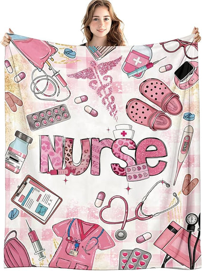 Pink Nurse Blanket, Coquette Pink Print Throw Blankets for Office Home Bedroom Living Room Couch Decor, Nurse Appreciation Gifts for Women, Nursing Gifts, 50x60 Inch