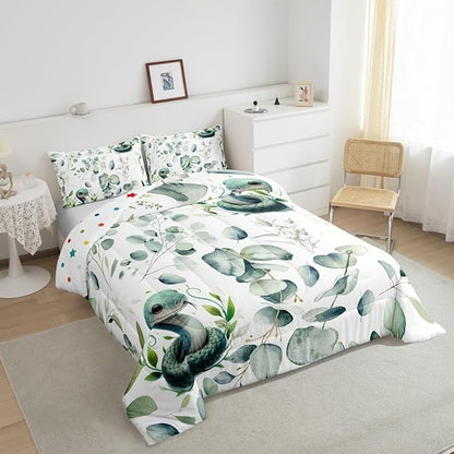 Erosebridal Cute Snake King Comforter Set for Kids Child Green Eucalyptus Bedding Set King, Wild Animal Bedding Comforter Sets Botanical Plant Leaves Duvet Set, Cartoon Wildlife Quilted Comforter