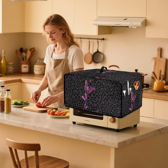 Butterfly Leopard Print Microwave Oven Dust Cover Heavy Duty Microwave Oven Cover Foldable Dust-Proof Kitchen Machine Covers Case Protections for Toaster Oven, L