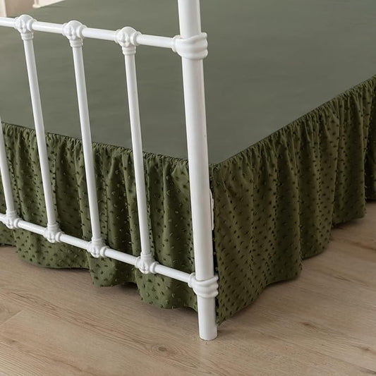 Tufted Dot Bed Skirt Queen Size Ruffled Bed Skirt with Split Corners, 16 Inch Drop Dust Ruffle Bed Skirts with Platform, Olive Green