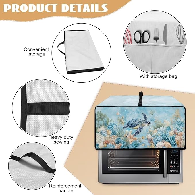 Air Fryer Toaster Oven Cover with Pockets, Dustproof Electrical Appliance Cover for Kitchen Countertop, M, 16.5 x 20.5 x 10 Inches, Sea Turtle Seashell Coral Reef Blue