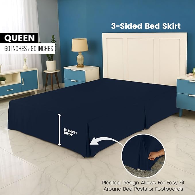 Utopia Bedding Queen Bed Skirt - Soft Quadruple Pleated Ruffle - Easy Fit with 16 Inch Tailored Drop - Hotel Quality, Shrinkage and Fade Resistant (Queen, Navy)