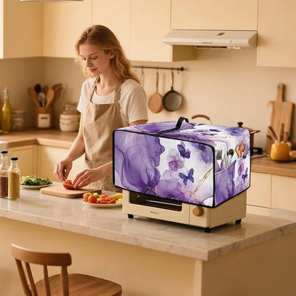 Countertop Microwave Oven Cover with Side Pockets, Dust Protection Small Appliance Toaster Ovens Dust Cover, S, 14.5 x 18.5 x 9 Inches, Violet White Marble Butterfly