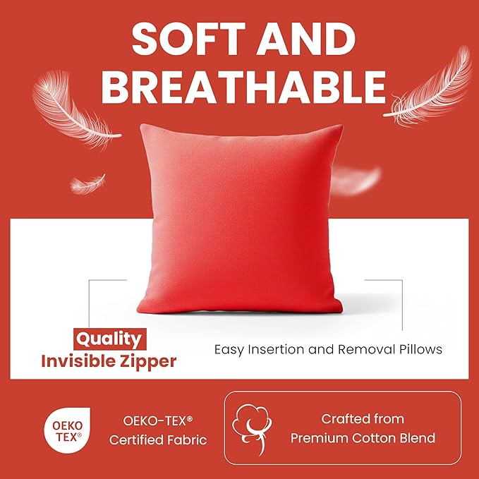 Haven & Glow Decorative Throw Pillow Cover – Square Cushion Case with Zipper | Modern Sofa, Couch & Bed Accent Pillow Covers for Living Room, Bedroom & Home Decor | 18 x 18 Inch – Red – Pack of 2