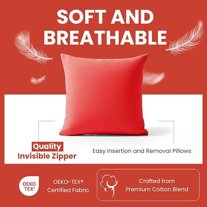 Haven & Glow Decorative Throw Pillow Cover – Square Cushion Case with Zipper | Modern Sofa, Couch & Bed Accent Pillow Covers for Living Room, Bedroom & Home Decor | 18 x 18 Inch – Red – Pack of 2
