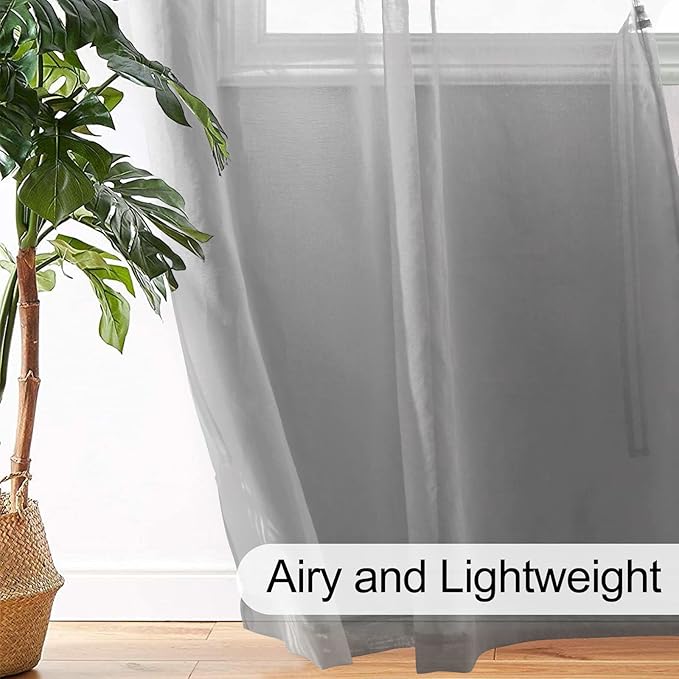 XWZO Grey Sheer Curtains 90 Inches Long for Bedroom, Faux Linen Light Filtering Voile Textured Grommet Window Curtains for Living Room/Office/Kids Room with Tiebacks, W52 x L90, Set of 2 Panels,Adult