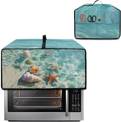 Toaster Oven Cover Washable Small Kitchen Appliance Dust Cover with Pockets, for Air Fryer Toaster Ovens, Microwaves, S, 14.5 x 18.5 x 9 Inches, Blue Beach Starfish Seashell Conch Whelk