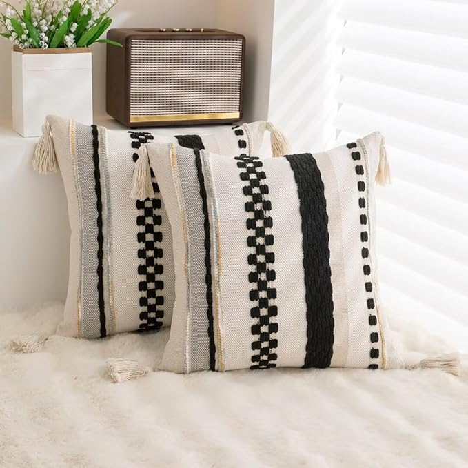 Boho Throw Pillow Covers 18x18 Set of 2 Woven Tufted Farmhouse Pillows Cover with Tassels Textured Striped Cushion Case Neutral Pillow Cases Decorative Pillowcase for Sofa Couch Bed,Black