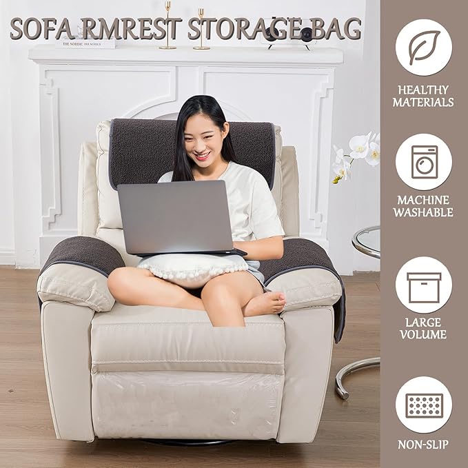 Armrest Cover, Recliner Chair Protector, Furniture Protector Slip, Side Storage Pocket, Stretch Armchair Couch Arm Rest Cover for Recliner, Chair, Sofa (Dark Gray,3 Seater(5pcs))