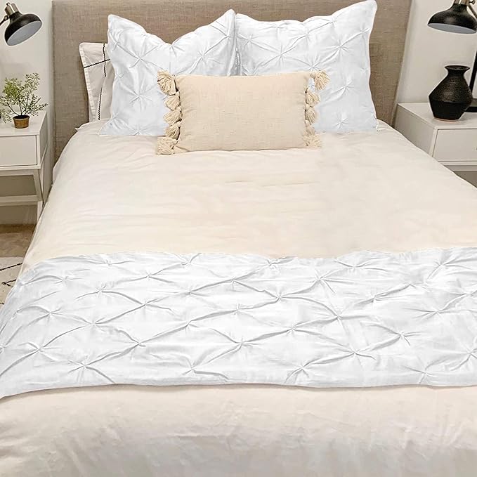 Bed Runner Set - 100% Pure Cotton 800 Thread Count - Luxury 1 Pinch Pleated Bed Runner and 2 Pillow Cover - 3 Piece Pinch Pleated Bed Runner Set King, White
