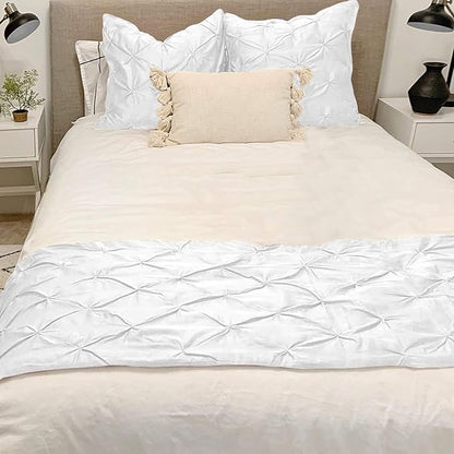 Bed Runner Set - 100% Pure Cotton 800 Thread Count - Luxury 1 Pinch Pleated Bed Runner and 2 Pillow Cover - 3 Piece Pinch Pleated Bed Runner Set King, White